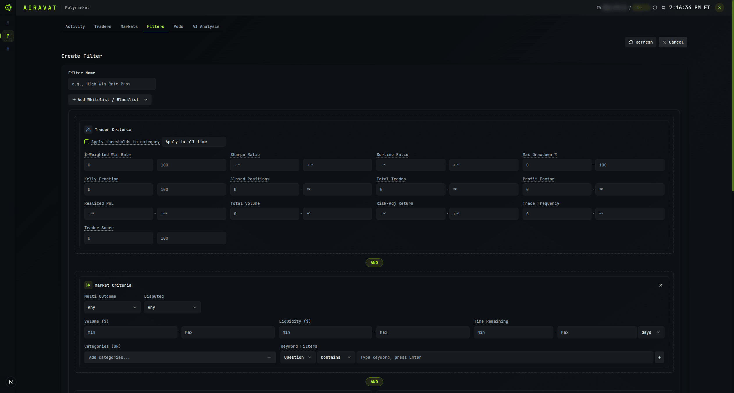 Airavat filter builder: trader, market, and trade criteria combined into a saved filter that drives alert and paper-trade pods